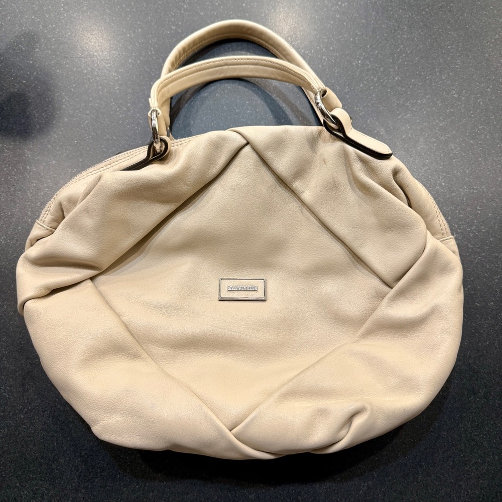 Coccinelle Leather Satchel Bag Women Medium Cream Good Pleated Italian Design